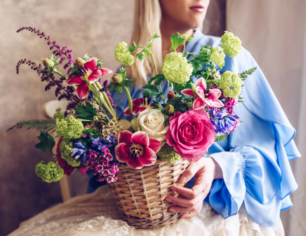 Young Woman with a Basket of Flowers jigsaw puzzle in Flowers puzzles on TheJigsawPuzzles.com