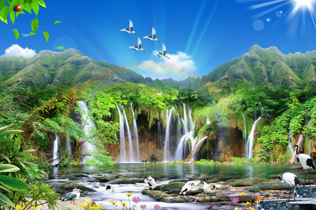 Landschaft mit Wasserfall jigsaw puzzle in Wasserfälle puzzles on TheJigsawPuzzles.com