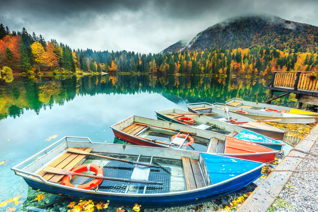 Colorful Boats on the Fusine Lake, Italy jigsaw puzzle in Great Sightings puzzles on TheJigsawPuzzles.com