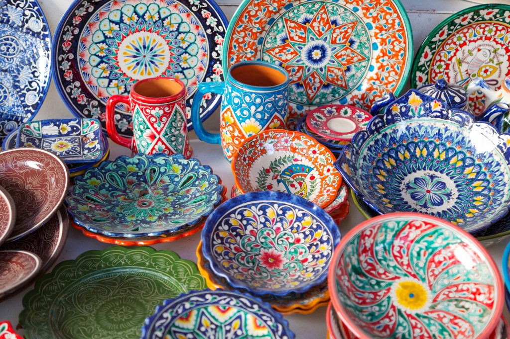 Traditional Uzbek Bowls, Jugs and Plates jigsaw puzzle in Handmade puzzles on TheJigsawPuzzles.com