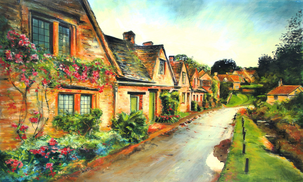 Picturesque English Village Gouache jigsaw puzzle in Puzzle of the Day puzzles on TheJigsawPuzzles.com