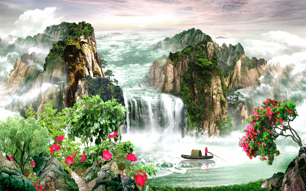 Waterfall with a Boat jigsaw puzzle in Waterfalls puzzles on TheJigsawPuzzles.com