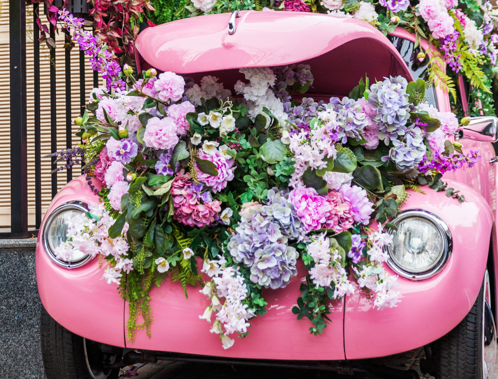 Pink Car with Flowers in the Hood jigsaw puzzle in Flowers puzzles on TheJigsawPuzzles.com