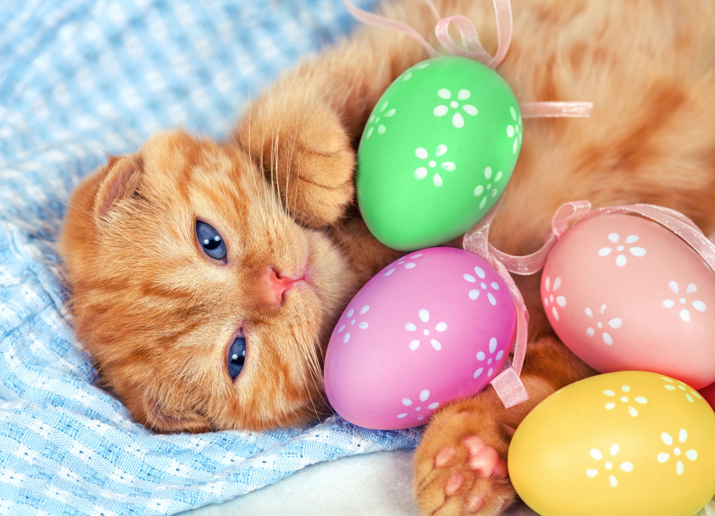 Cute Kitten with Colored Eggs jigsaw puzzle in Animals puzzles on TheJigsawPuzzles.com