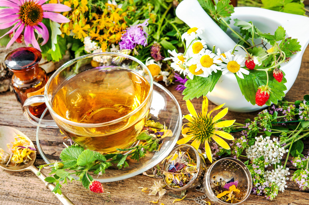 Cup of Herbal Tea, Wild Flowers and Berries jigsaw puzzle in Macro puzzles on TheJigsawPuzzles.com
