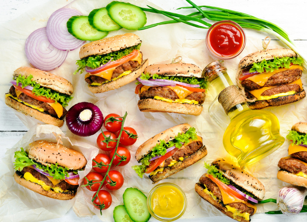 Grilled Burgers with Beef, Tomatoes, Cheese jigsaw puzzle in Food & Bakery puzzles on TheJigsawPuzzles.com