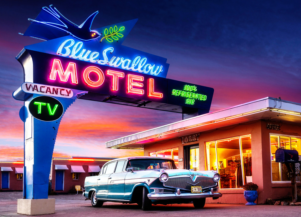 Blue Swallow Motel on Route 66, Tucumcari, USA jigsaw puzzle in Cars & Bikes puzzles on TheJigsawPuzzles.com
