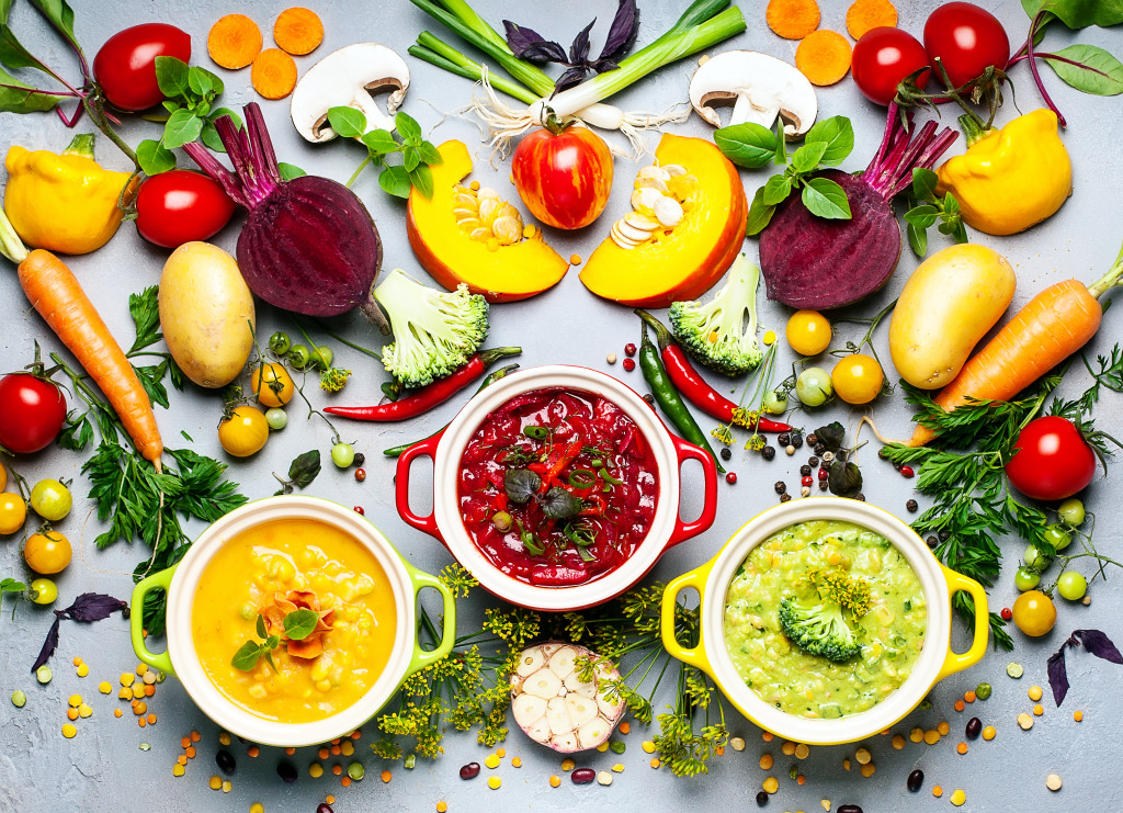 Fresh Vegetables and Vegetable Soups jigsaw puzzle in Fruits & Veggies puzzles on TheJigsawPuzzles.com