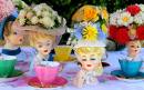 Vintage Lady Head Vases and Tea Cups
