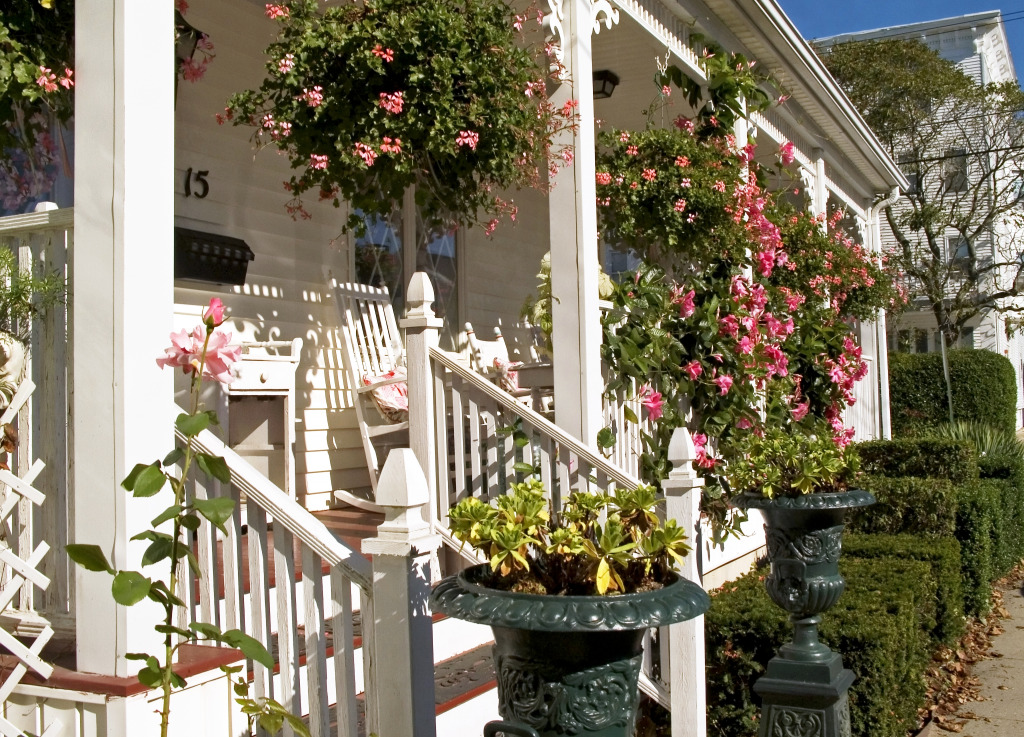 Porch Decorated with Flower Baskets jigsaw puzzle in Flowers puzzles on TheJigsawPuzzles.com