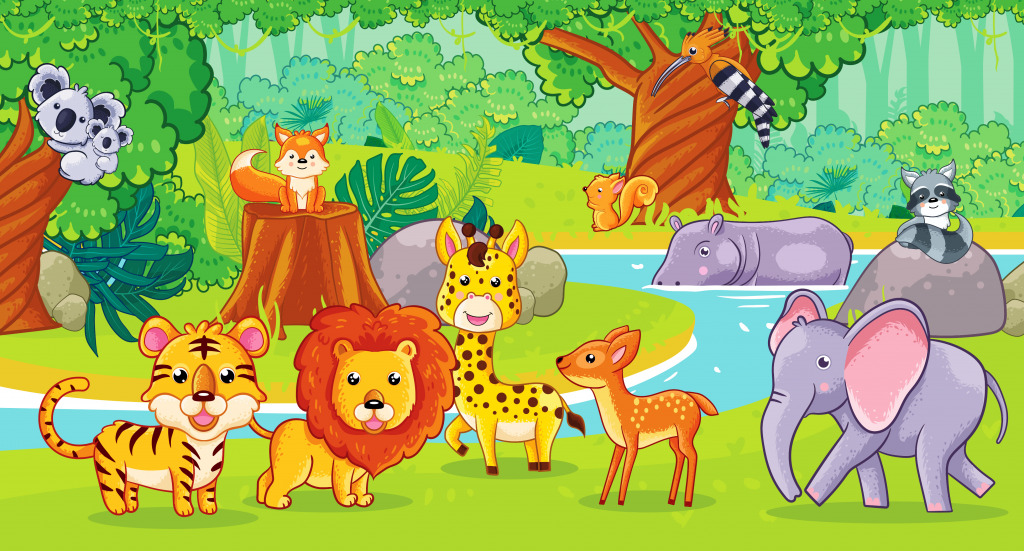 Мультяшные животные в джунглях jigsaw puzzle in Животные puzzles on TheJigsawPuzzles.com