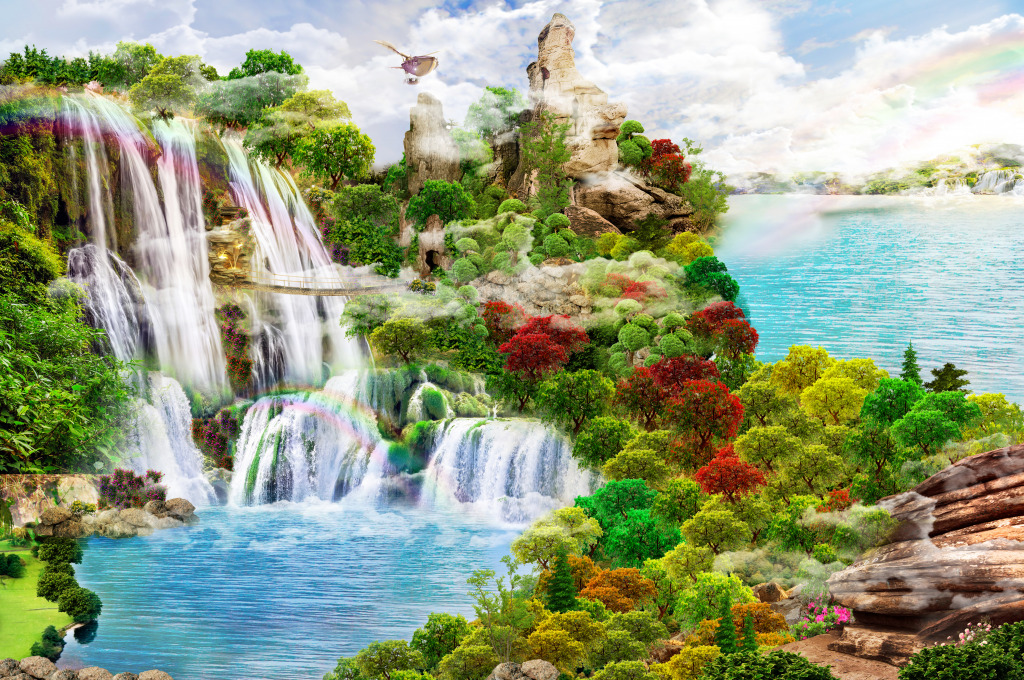 Blick auf den Wald und den See mit Wasserfall jigsaw puzzle in Wasserfälle puzzles on TheJigsawPuzzles.com