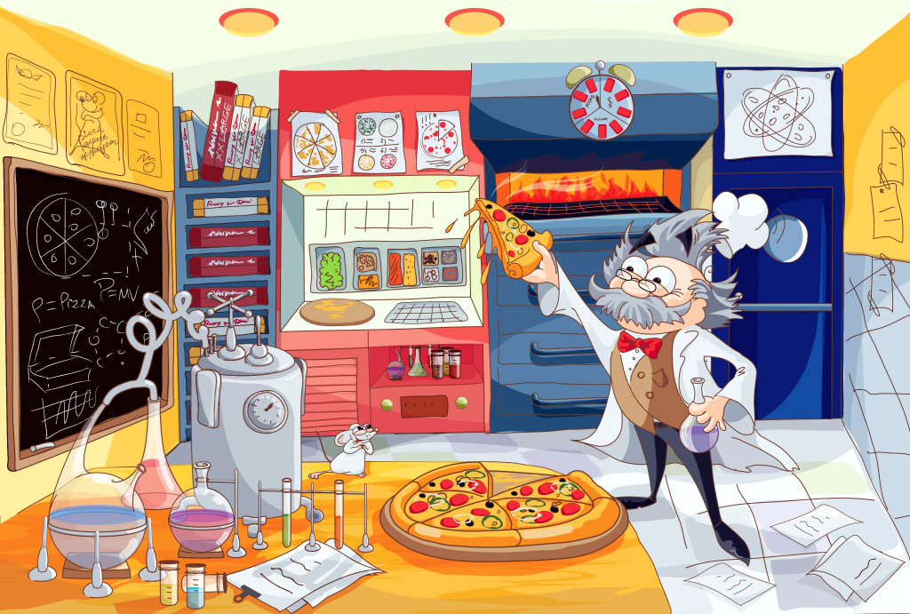 Verrückter Wissenschaftler im Küchenlabor Hintergrund teilt Pizza mit einer weißen Maus jigsaw puzzle in Kinder Puzzles puzzles on TheJigsawPuzzles.com
