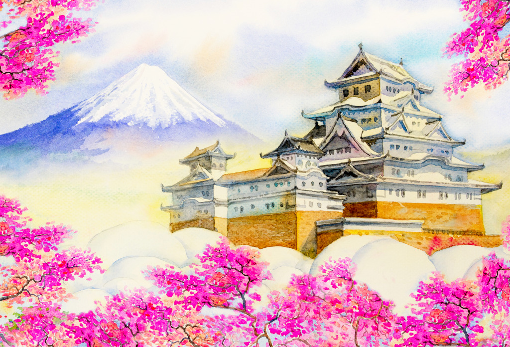 Château de Himeji et mont Fuji, Japon jigsaw puzzle in Châteaux puzzles on TheJigsawPuzzles.com