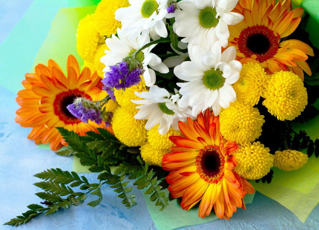 Bouquet of Gerbera with Chrysanthemums jigsaw puzzle in Flowers puzzles on TheJigsawPuzzles.com