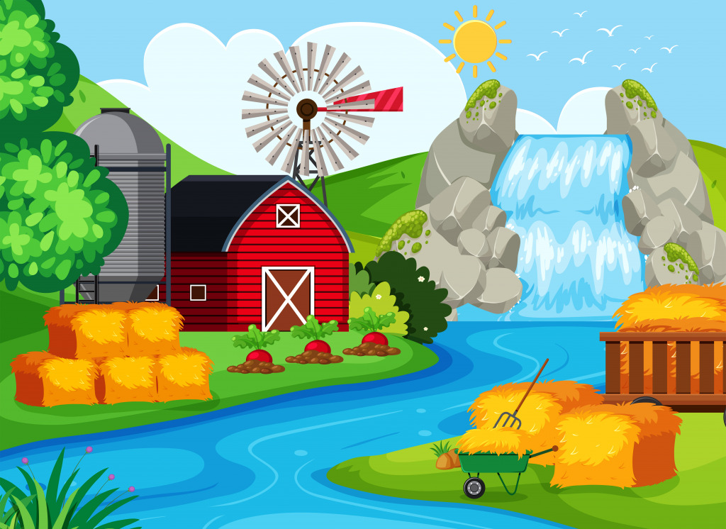 Farm with a Waterfall jigsaw puzzle in Waterfalls puzzles on TheJigsawPuzzles.com