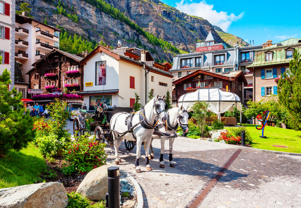 Horse Coach in the Centre of Zermatt, Switzerland jigsaw puzzle in Puzzle of the Day puzzles on TheJigsawPuzzles.com