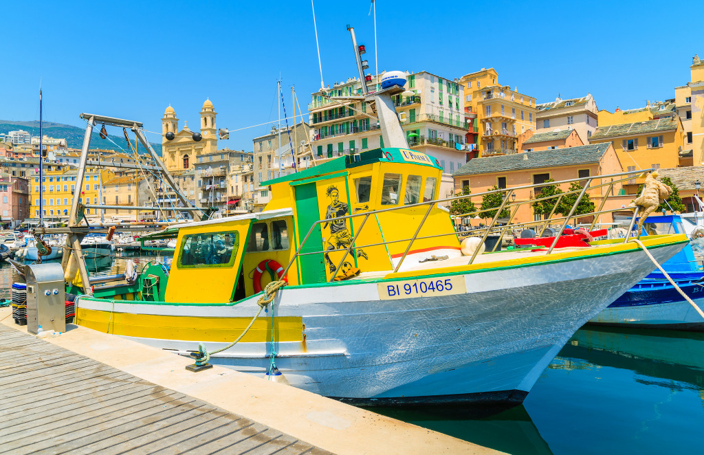 Colorful Fishing Boat in Bastia Harbor jigsaw puzzle in Street View puzzles on TheJigsawPuzzles.com