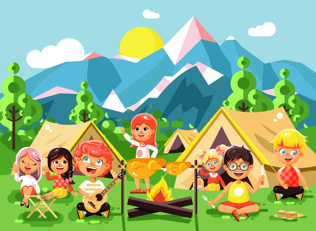 Meninos e meninas acampando na natureza quebra-cabeça em Infantil