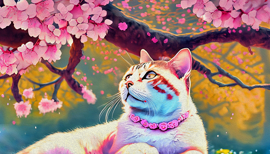 A Fluffy Cute Cat with Cherry Blossoms jigsaw puzzle in Animals puzzles on TheJigsawPuzzles.com