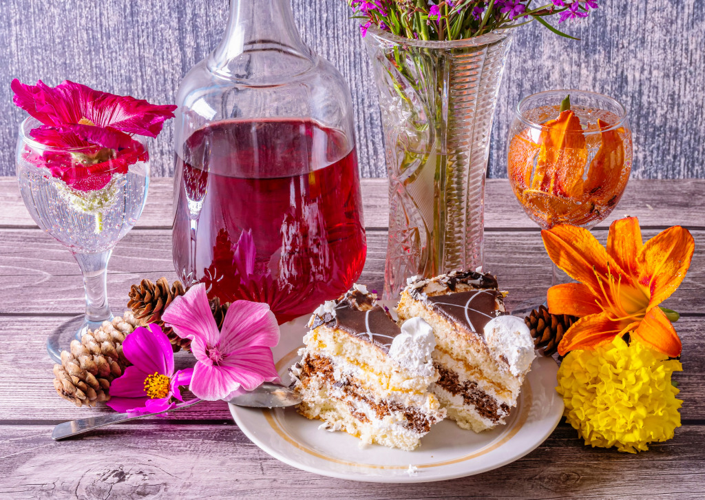 Summer Still Life with Wine and Cake jigsaw puzzle in Food & Bakery puzzles on TheJigsawPuzzles.com