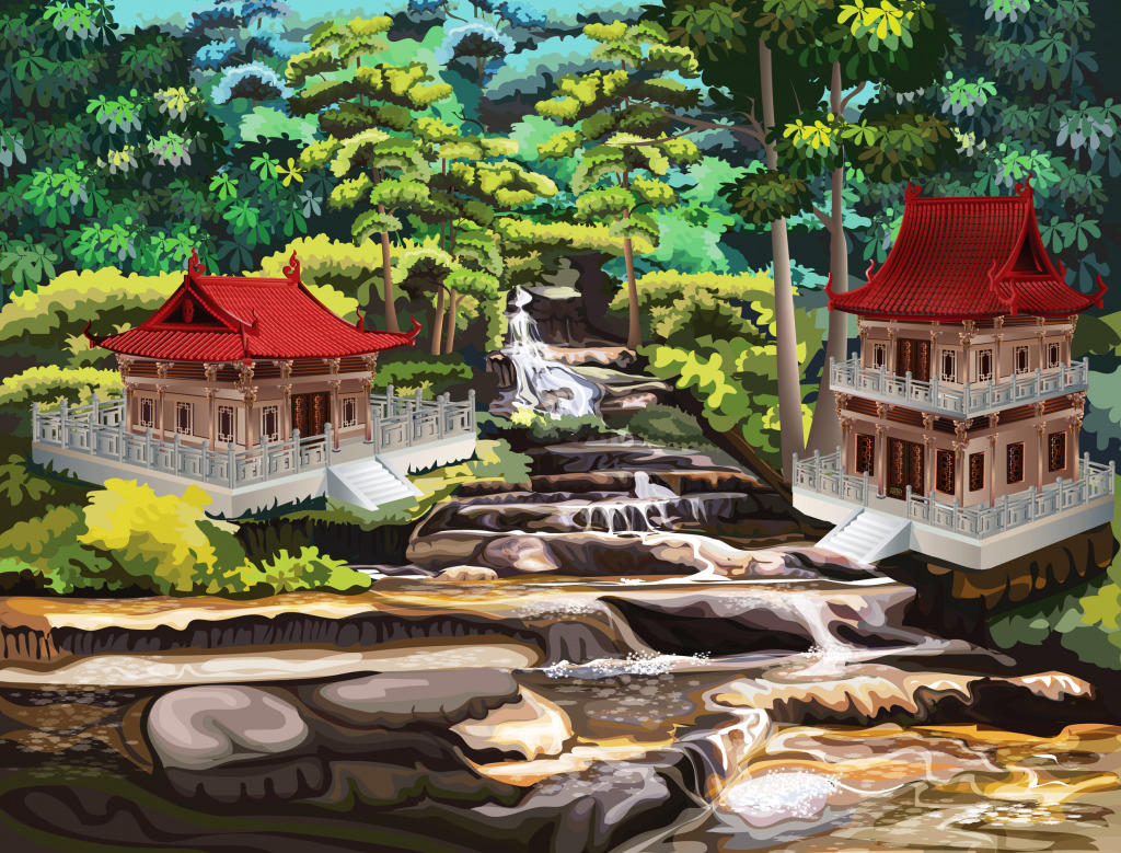 Chinesisches Haus an natürlichen Wasserfällen jigsaw puzzle in Wasserfälle puzzles on TheJigsawPuzzles.com