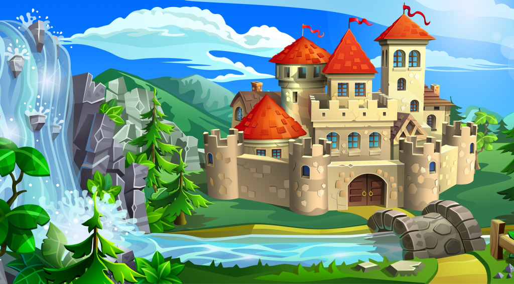 Mittelalterliches Märchenschloss in der Nähe eines Wasserfalls jigsaw puzzle in Schlösser puzzles on TheJigsawPuzzles.com