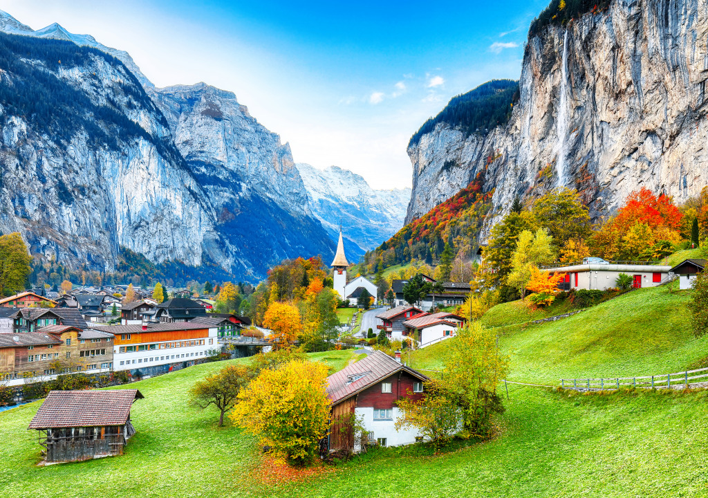 Lauterbrunnen Village with Staubbach Waterfall jigsaw puzzle in Waterfalls puzzles on TheJigsawPuzzles.com