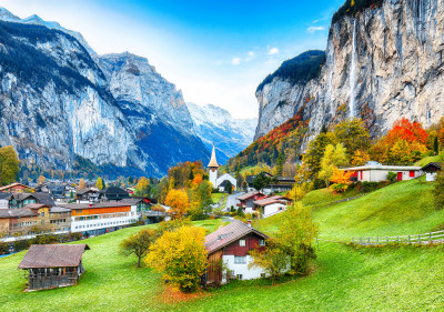 Lauterbrunnen Village with Staubbach Waterfall jigsaw puzzle in ...