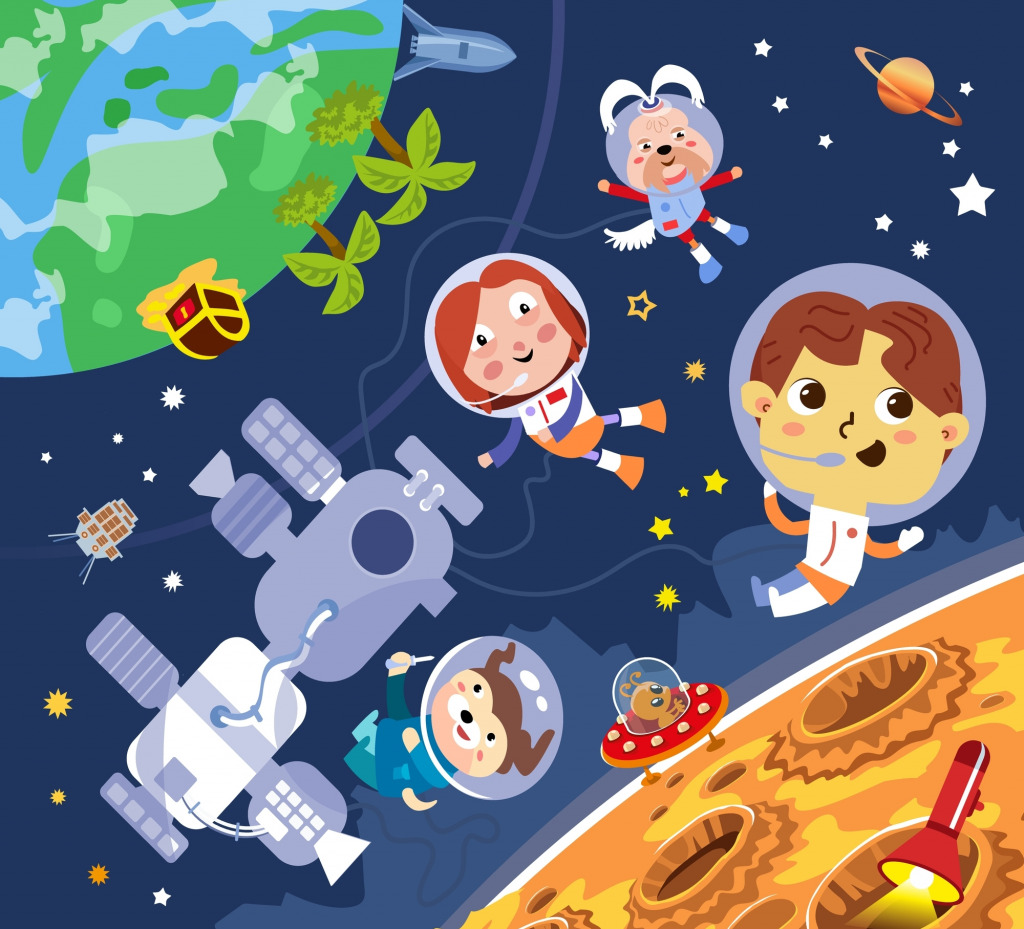 Астронавты возле космической станции и Луны jigsaw puzzle in Детские пазлы puzzles on TheJigsawPuzzles.com