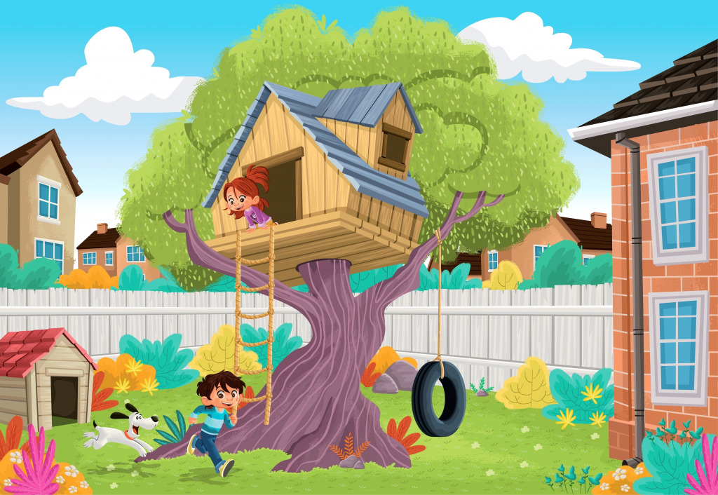Kids Playing with a Dog in the Yard jigsaw puzzle in Kids Puzzles puzzles on TheJigsawPuzzles.com