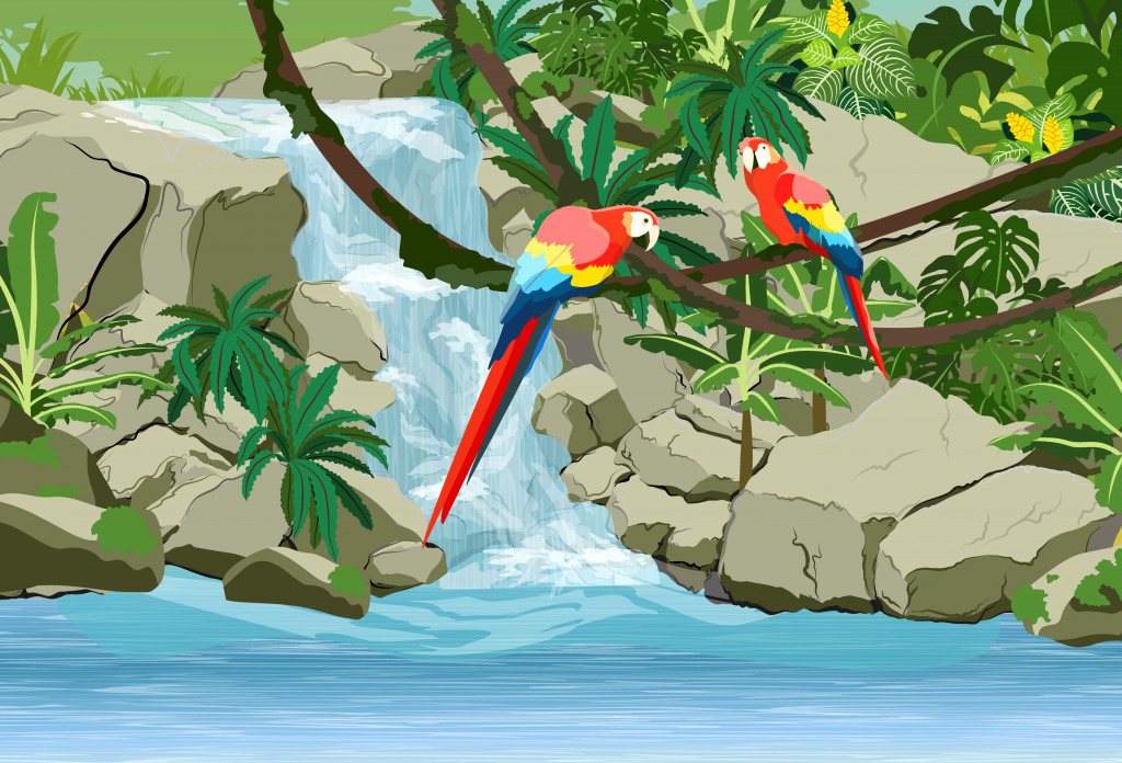 Попугаи ара и водопад в джунглях jigsaw puzzle in Водопады puzzles on TheJigsawPuzzles.com