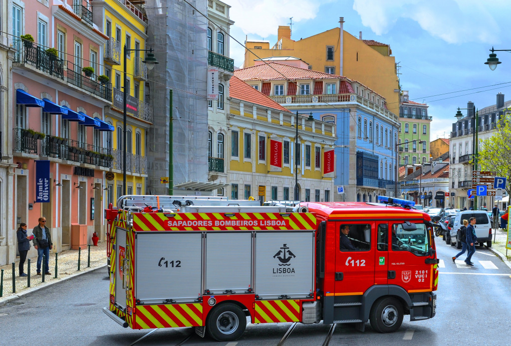 Fire Truck in Lisbon, Portugal jigsaw puzzle in Cars & Bikes puzzles on TheJigsawPuzzles.com