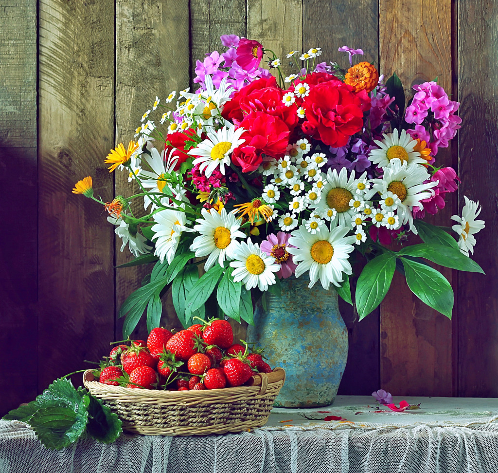 Rustic Still Life with Flowers and Strawberries jigsaw puzzle in Flowers puzzles on TheJigsawPuzzles.com