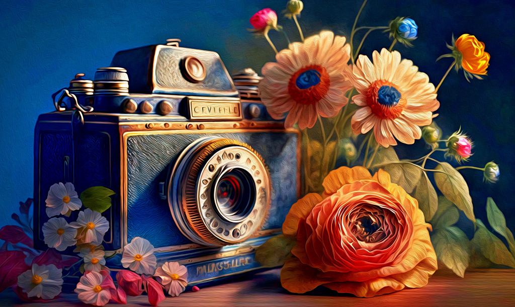 Retro Photo Camera and Fresh Flowers jigsaw puzzle in Flowers puzzles on TheJigsawPuzzles.com