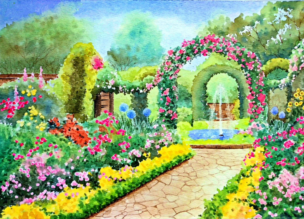 Pintura em aquarela de um jardim de flores jigsaw puzzle in Flores puzzles on TheJigsawPuzzles.com