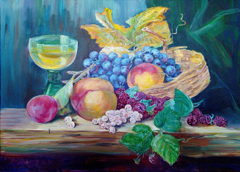 Натюрморт с виноградом, персиками и ягодами jigsaw puzzle in Фрукты и Овощи puzzles on TheJigsawPuzzles.com