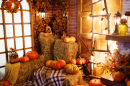 Festive Decorated Room with Pumpkins on Hay