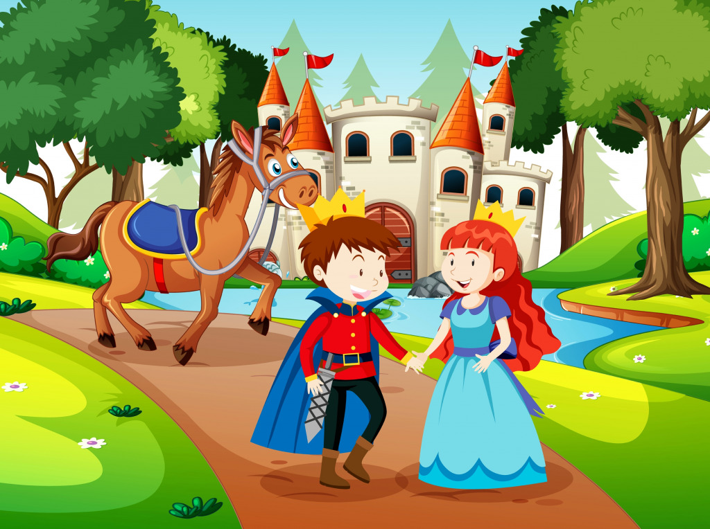 Scène avec le prince et la princesse au château jigsaw puzzle in Châteaux puzzles on TheJigsawPuzzles.com
