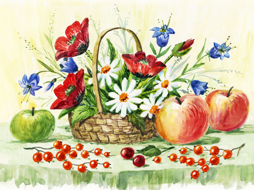 Натюрморт с цветами, фруктами и ягодами jigsaw puzzle in Фрукты и Овощи puzzles on TheJigsawPuzzles.com