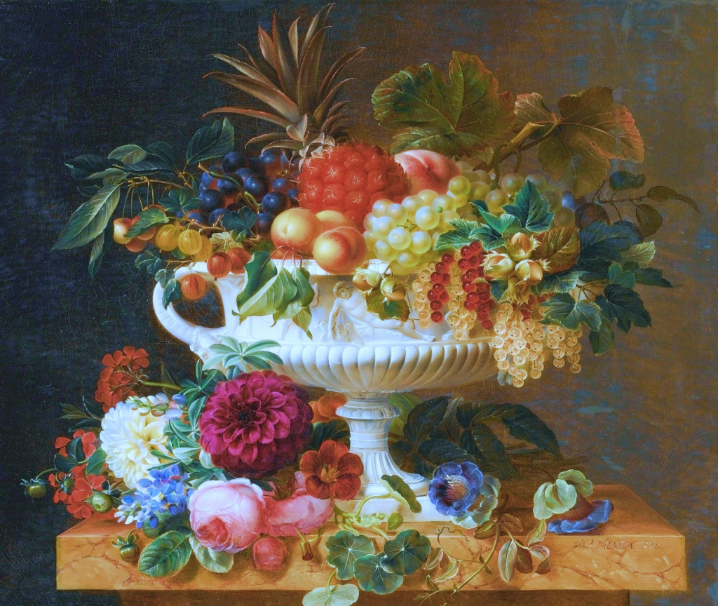 Klassische Urne mit Früchten, Beeren und Blumen jigsaw puzzle in Kunstwerke puzzles on TheJigsawPuzzles.com