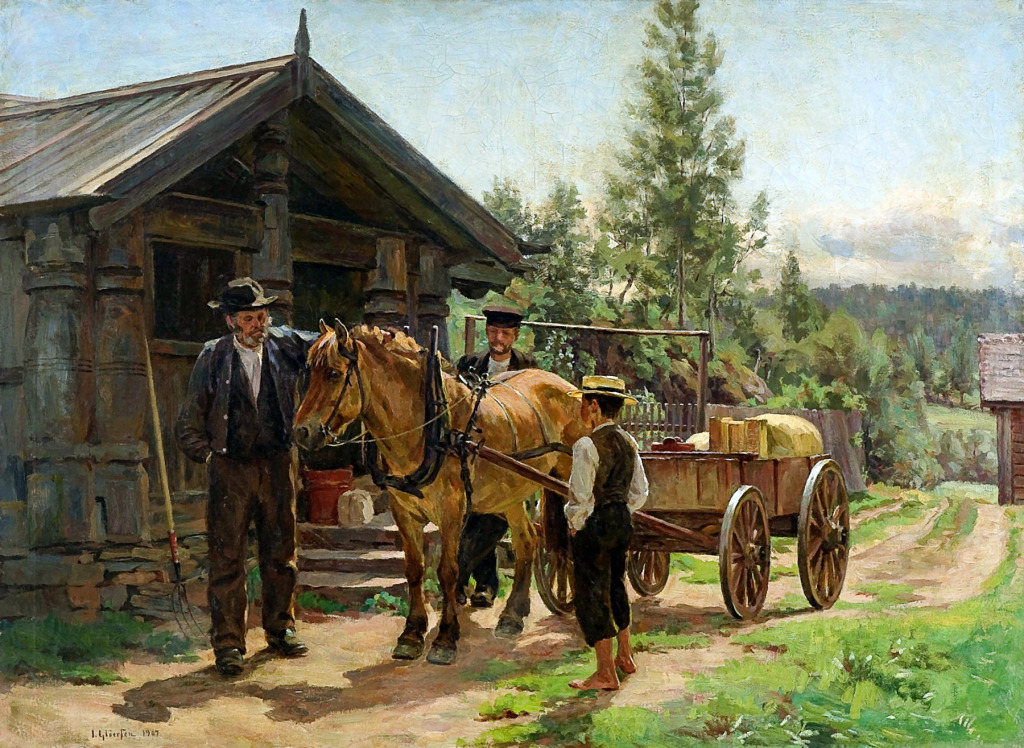 Two Men and a Boy with a Horse and  Cart jigsaw puzzle in Piece of Art puzzles on TheJigsawPuzzles.com
