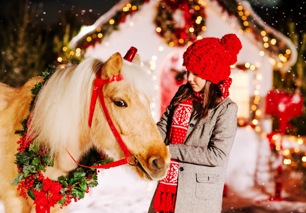 Девушка и ее лошадь в рождественском венке jigsaw puzzle in Новый год и Рождество puzzles on TheJigsawPuzzles.com