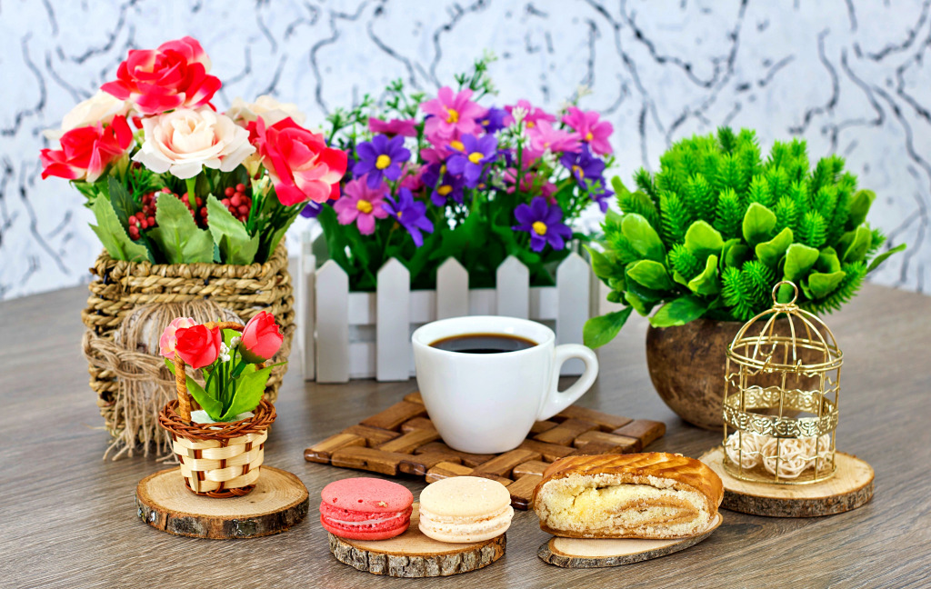 Cup of Coffee, Macarons and Flowers jigsaw puzzle in Flowers puzzles on TheJigsawPuzzles.com