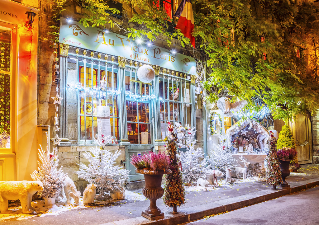 Parisian Cafe Decorated for Christmas, France jigsaw puzzle in Street View puzzles on TheJigsawPuzzles.com