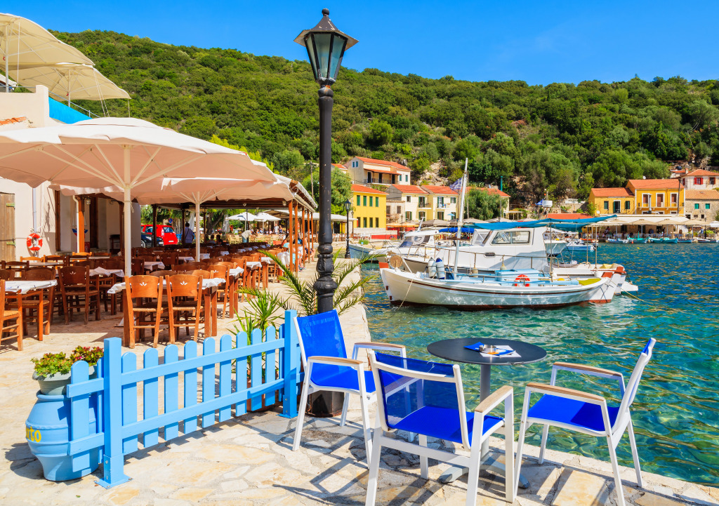 Restaurant in the Port of Kioni, Ithaca Island jigsaw puzzle in Puzzle of the Day puzzles on TheJigsawPuzzles.com