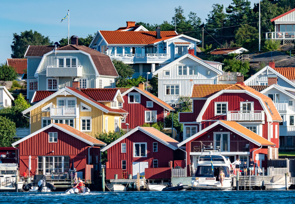 Colorful Facades of Summerhouses in Bovallstrand jigsaw puzzle in Puzzle of the Day puzzles on TheJigsawPuzzles.com
