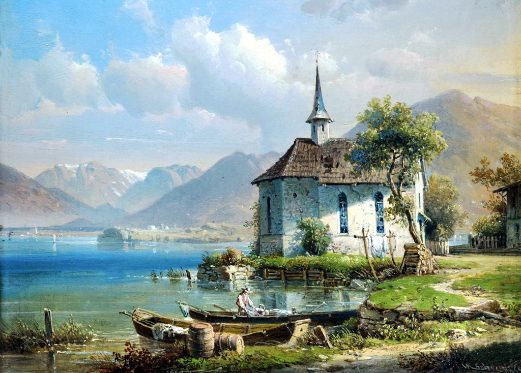 Chapel on the Lake with Fishing Boats jigsaw puzzle in Piece of Art puzzles on TheJigsawPuzzles.com