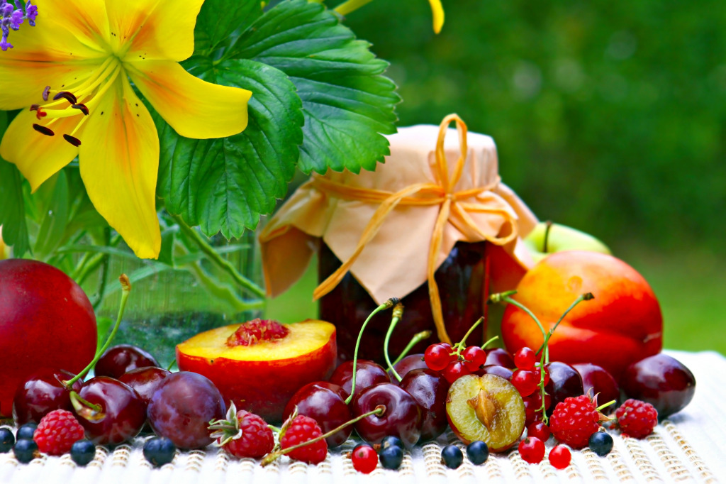 Fruits, Jam and Flowers jigsaw puzzle in Fruits & Veggies puzzles on TheJigsawPuzzles.com