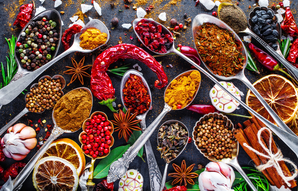Spices and Herbs in Metal Spoons jigsaw puzzle in Food & Bakery puzzles on TheJigsawPuzzles.com